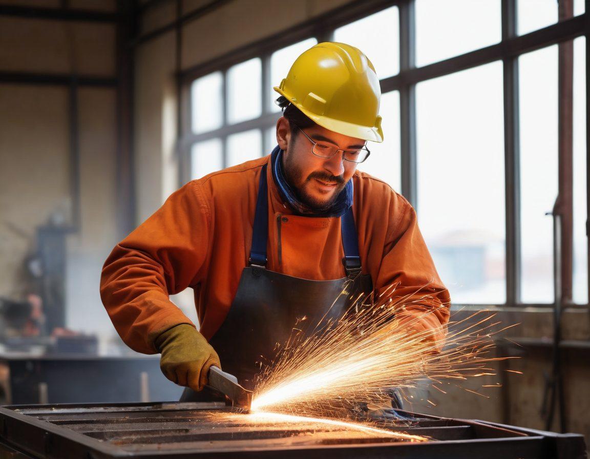 A vibrant workshop filled with skilled workers engaged in steel fabrication, showcasing sparks flying as metal is shaped, with expressions of joy and focus on their faces. Incorporate colorful steel structures in various stages of completion, and paint the setting with warm sunlight filtering through large windows, symbolizing creativity and passion. Add illustrative mood-enhancing elements like musical notes and playful shapes that represent heightened emotions. 3D. vibrant colors.