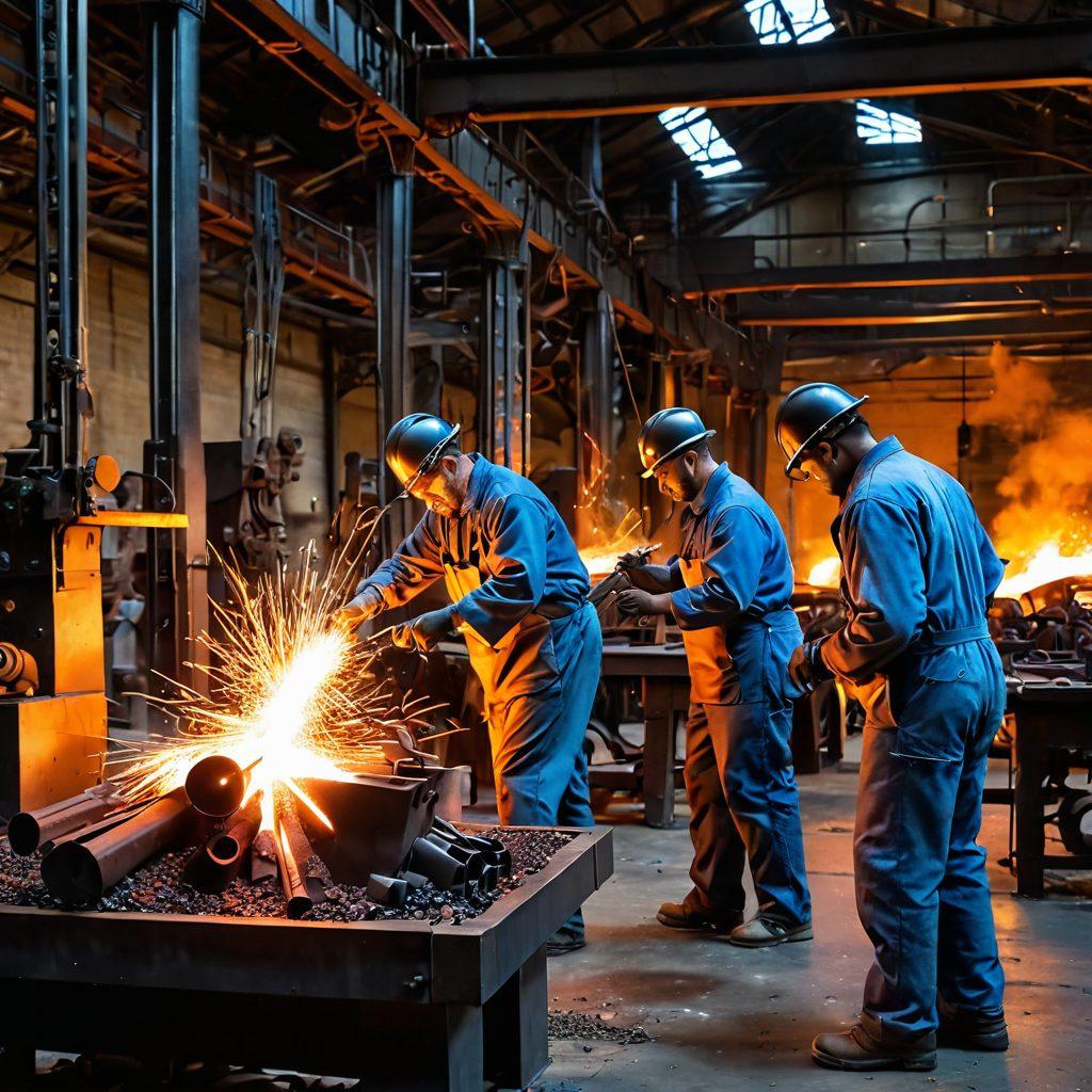 An artistic representation of a steel factory surrounded by colorful sculptures and joyful artisans at work, showcasing the transformation of raw steel into vibrant creations. Include melting steel, sparks flying, and colorful metal art pieces displayed prominently. The scene should convey a sense of creativity and industriousness, with warm lighting emphasizing the contrast between the industrial setting and the joyful artistry. vibrant colors. 3D. dynamic composition.