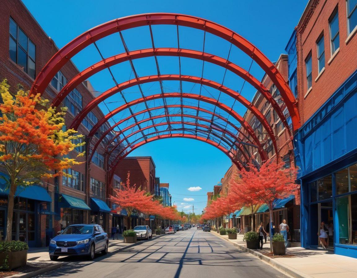 A vibrant cityscape of Lexington, showcasing iconic steel structures against a bright blue sky, filled with people experiencing joy and resilience. Incorporate intricate metalwork designs that reflect the craft's beauty, with blooming flowers interspersed to symbolize growth and happiness. The scene should convey an uplifting atmosphere, emphasizing the journey of both the city and its artistry. bright colors. super-realistic. dynamic perspective.